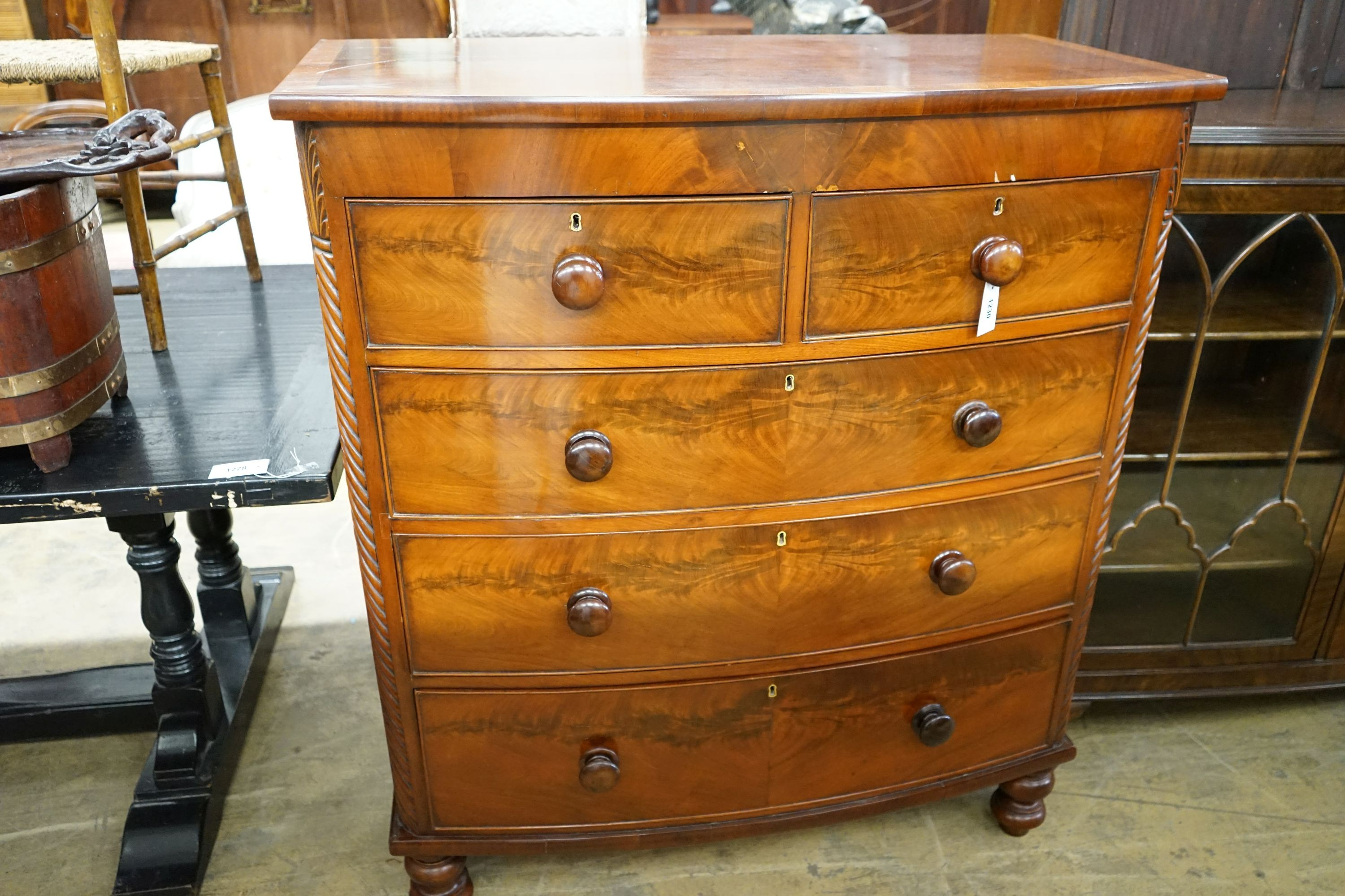 A large Victorian mahogany bowfront chest of drawers, width 109cm, depth 58cm, height 125cm
